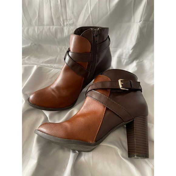 Report Patch 2-Tone Brown Strap Criss Cross Buckle Design Ankle Boots - 6 - Picture 2 of 9